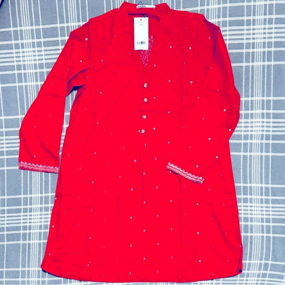 Khaadi Flared Kameez 100% Cotton Kurta  Red Self-Print Fully Embroidered Size 14